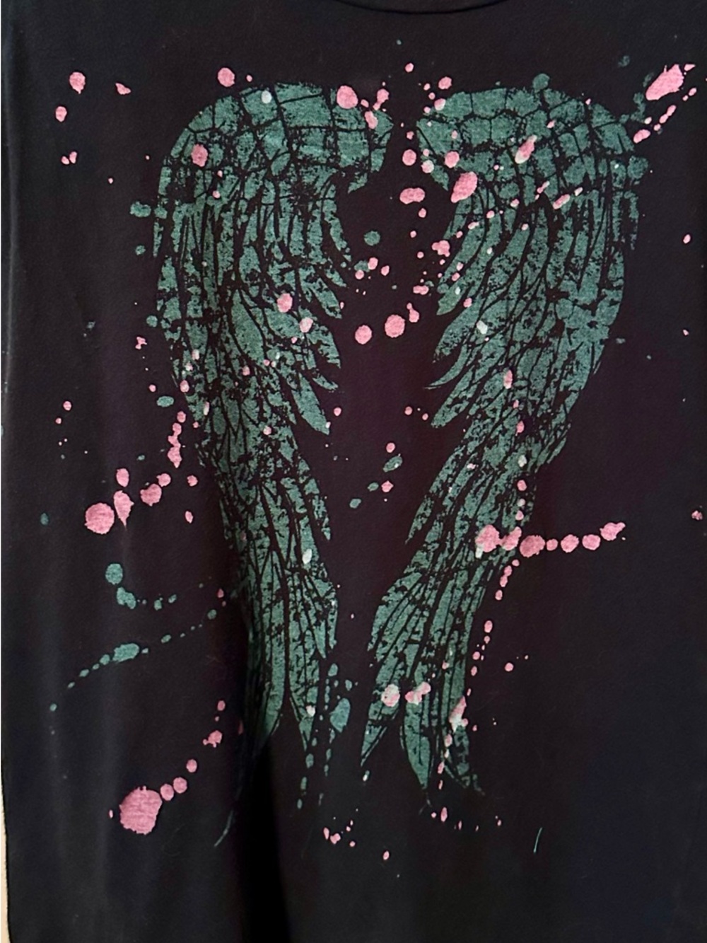 Anthropologie Black Graphic Tee with Teal Wings and Pink Splatter - Picture 2 of 4